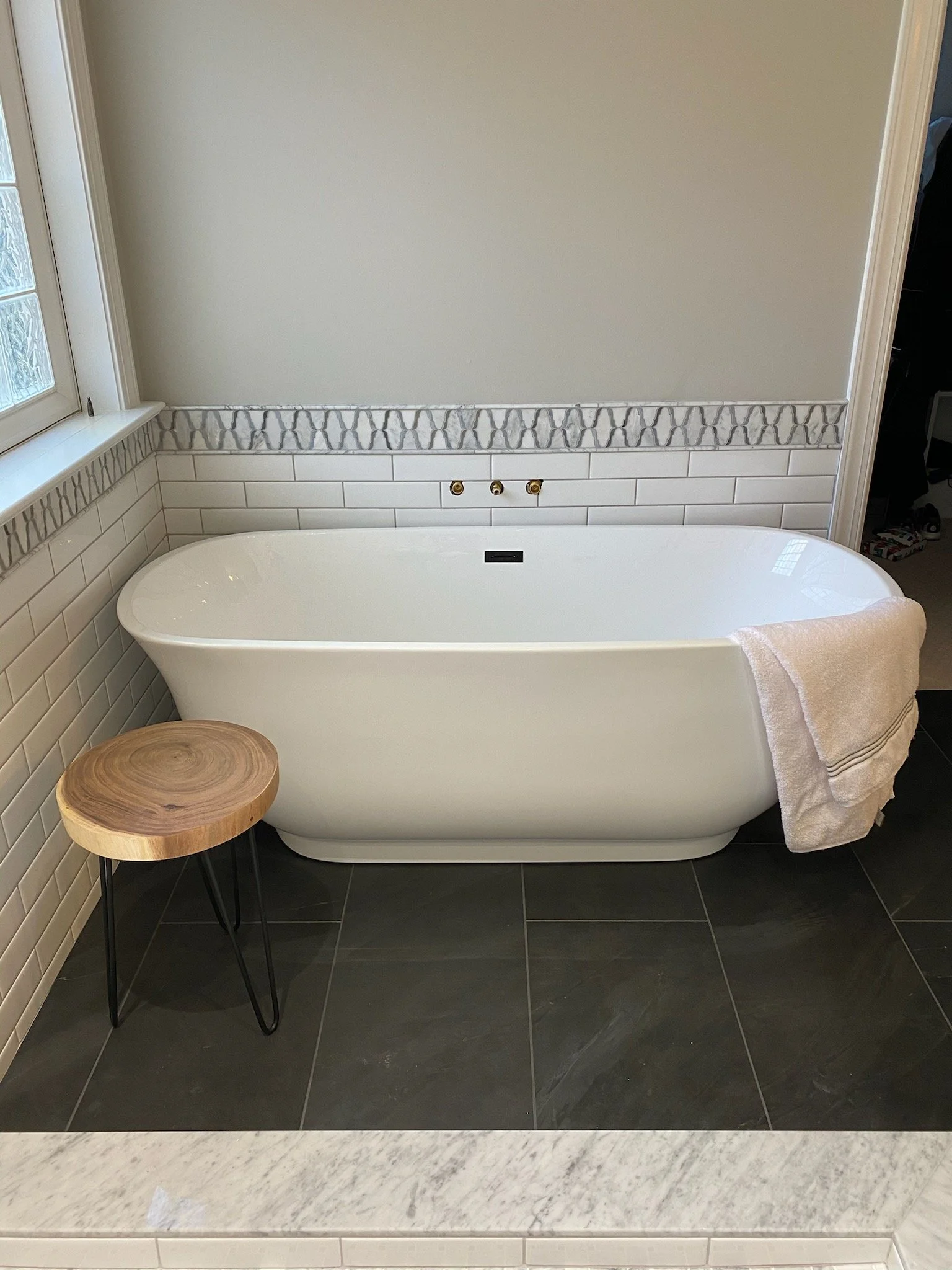 Bathroom refresh, Garner NC. New vanity, toilet, flooring, and fixture updates.