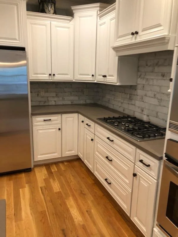 Kitchen renovation, Apex NC. Full cabinet replacement, countertop, and backsplash.